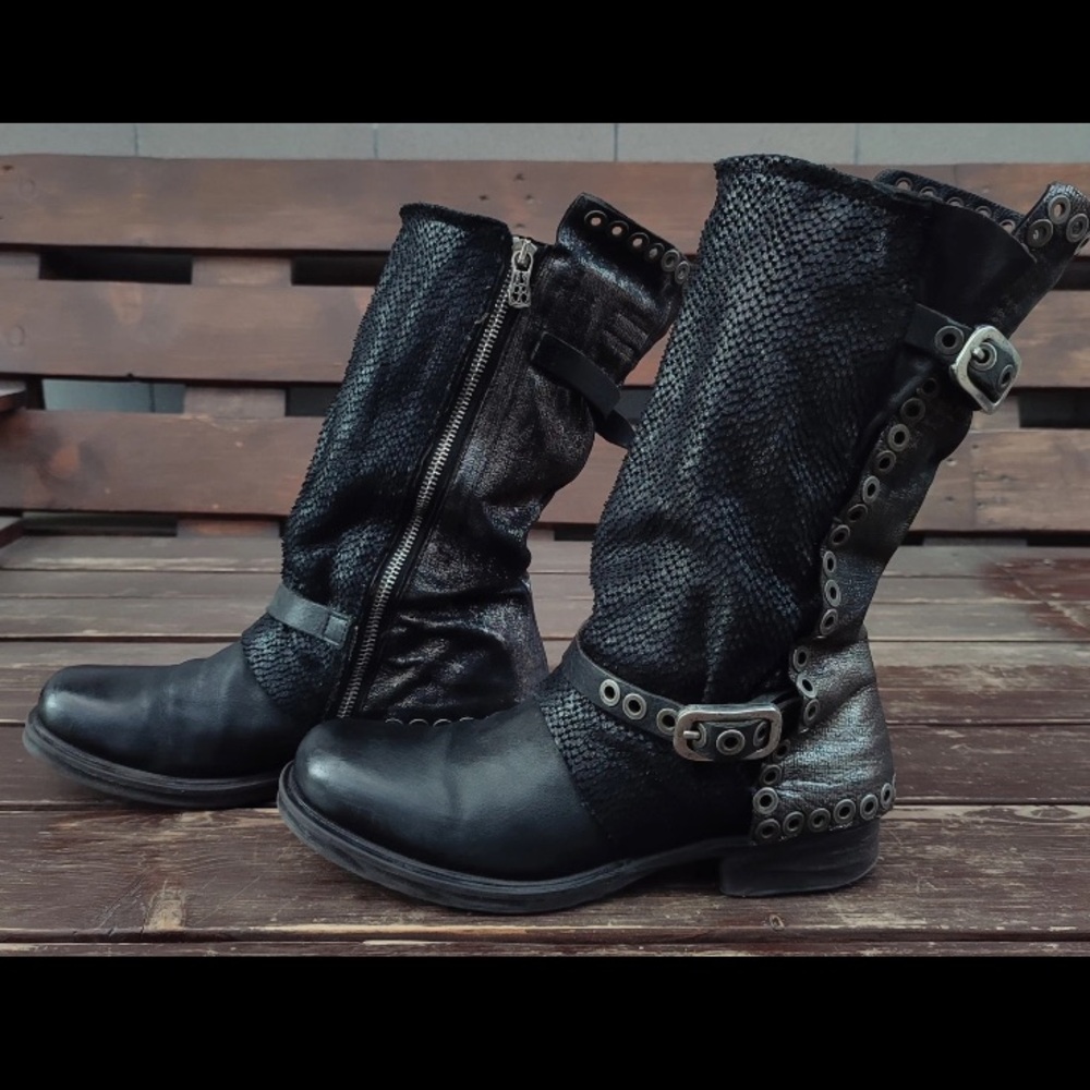 Chic AS98 Black Moto Boots with Buckle Details
